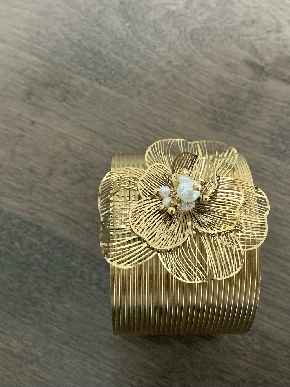 Gold Floral Cuff Watch Bracelet with Pearl Accent